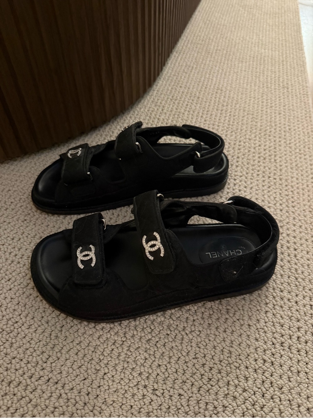 Chanel Black Canvas CC Logo Velcro Sandals